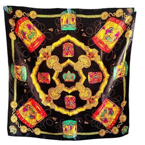 Vintage Scarf Drums Black And Jewel Tones Silky Polyester 35" Square Elegant